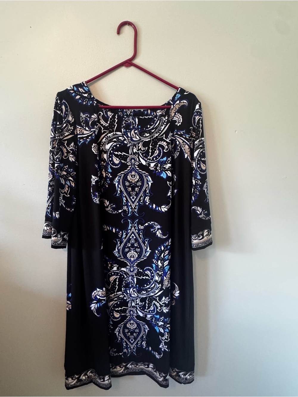 Roz & Ali Black Paisley-Print Long Sleeve Dress with Blue and White Accents